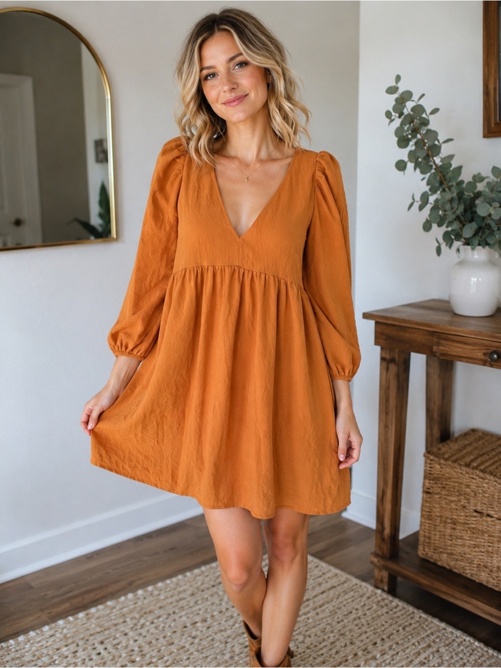 Millibon Rust Orange V-Neck Puff Sleeve Mini Dress